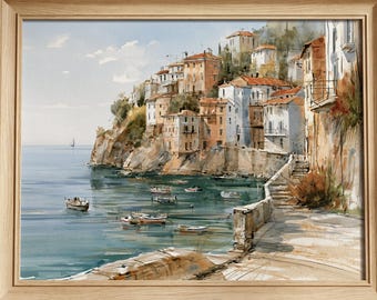 Coastal Town Canvas, Mediterranean Art, Unframed Poster Print, Watercolor Landscape