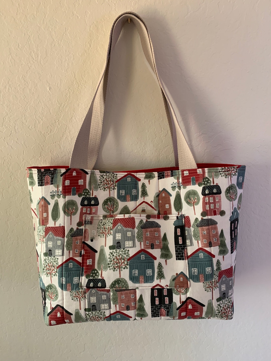 Handmade Fabric Tote Bag, Neighborhood Houses Tote Bag, Canvas Fabric