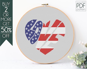 Schema punto croce per il 4 luglio in formato PDF, schema ricamo bandiera americana patriottica, giorno dell'indipendenza, patriottico, motivo a cuore, amore, USA