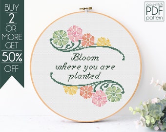 Patrón de punto de cruz con cita floral en PDF, patrón de bordado de flores, punto de cruz motivacional, inspirador, salud mental,