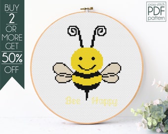 Bumble Bee Cross Stitch Pattern PDF, Cute Bee Cross Stitch, Be Happy, Funny, Animal, Modern Cross Stitch, Embroidery Pattern, Beginner