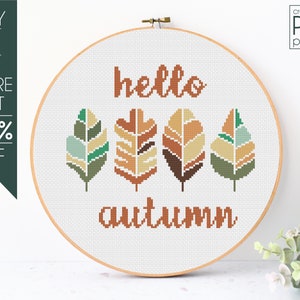 Hello Autumn Cross Stitch Pattern PDF, Autumn Leaves Cross Stitch, Fall, Thanksgiving, Autumn, Hallowen, Embroidery Pattern, Beginner