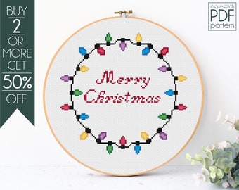 Christmas Lights Cross Stitch Pattern PDF, Merry Cristmas Cross Stitch Pattern, Modern Cross Stitch, Colourful Xmas, Embroidery, Beginner