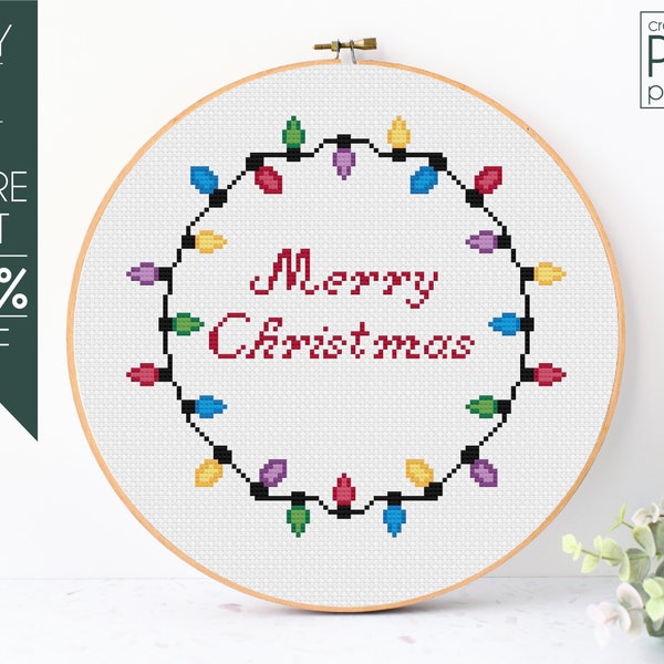 Christmas Lights Cross Stitch Pattern PDF, Merry Cristmas Cross Stitch Pattern, Modern Cross Stitch, Colourful Xmas, Embroidery, Beginner