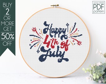 Happy 4th of July Cross Stitch Pattern PDF, Patriotic, Independence Day, USA, Modern Cross Stitch, Embroidery Pattern, Beginner