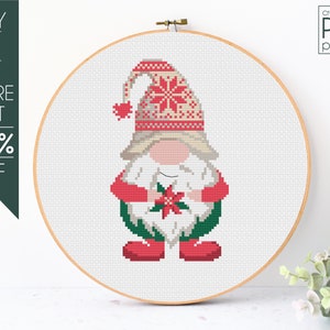 Christmas Gnome Cross Stitch Pattern PDF, Christmas Cross Stitch Pattern, Flower Cross Stitch, Gnome Pattern, Embroidery Pattern, Beginner