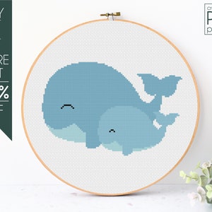 Whale Family Cross Stitch Pattern PDF, Mothers Day Embroidery Pattern, Family, Baby and Mom, Animals, Mothers Day, Sea Creatures