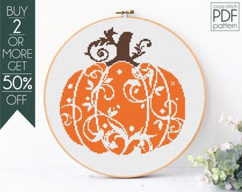 Pumpkin Cross Stitch Pattern PDF, Fall Cross Stitch, Swirly Pumpkin, Fall, Halloween, Thanksgiving, Autumn, Embroidery Pattern, Beginner