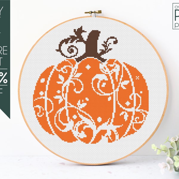 Pumpkin Cross Stitch Pattern PDF, Fall Cross Stitch, Swirly Pumpkin, Fall, Halloween, Thanksgiving, Autumn, Embroidery Pattern, Beginner