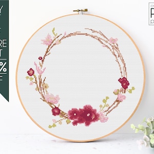 Floral Wreath Cross Stitch Pattern PDF, Flowers, Custom, Personalized, Roses, Modern Cross Stitch, Embroidery Pattern, Beginner, Counted