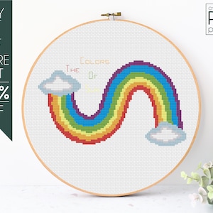 Rainbow Cross Stitch Pattern PDF, The Colors of Rainbow, Clouds, Modern Cross Stitch, Embroidery Pattern, Beginner, Counted, Digital Design