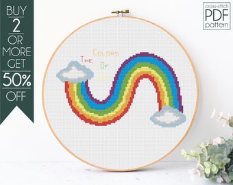 Rainbow Cross Stitch Pattern PDF, The Colors of Rainbow, Clouds, Modern Cross Stitch, Embroidery Pattern, Beginner, Counted, Digital Design