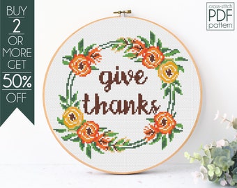 Give Thanks cross stitch pattern, Thanksgiving cross stitch PDF, Modern cross stitch, Flower wreath, Easy counted xstitch, Autumn embroidery