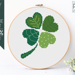 Clover Cross Stitch Pattern PDF, St Patricks Shamrock Modern Counted Cross Stitch, Flower Embroidery Design, Lucky, Beginner, Digital Design