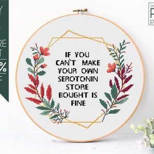 Store Bought Serotonin Cross Stitch Pattern PDF, Flower Wreath Counted Embroidery Pattern, Easy Floral Cross Stitch Wreath, Funny Pattern