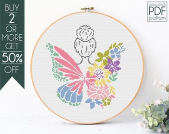 Mothers Day Cross Stitch Pattern PDF, Floral Butterfly Embroidery Pattern, Mothers Day Gift, Family, Momlife, Messy Bun, Flower, Butterfly
