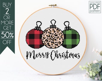 Patrón de punto de cruz de adorno navideño (PDF), punto de cruz de árbol de Navidad, cuadros de búfalo, leopardo, invierno, patrón de bordado para principiantes