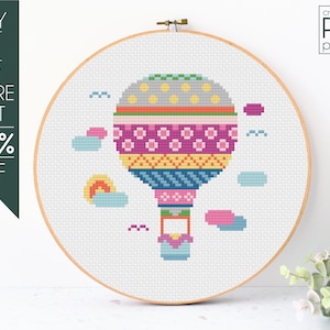 Balloon Cross Stitch Pattern PDF, Colourful Balloon Embroidery Pattern, Cute Hot Air Balloon, Baby, Wall Art, Spring, Easter,