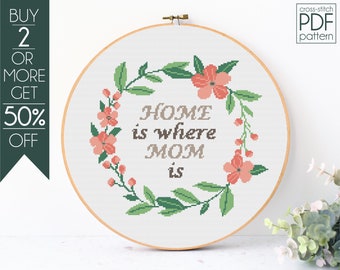 Mom Cross Stitch Pattern PDF, Mother’s Day Embroidery Pattern, Modern Floral Cross Stitch Sampler, Floral Wreath Cross stitch, Family,