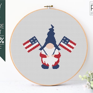4th of July Gnome Cross Stitch Pattern PDF,  Patriotic Gnome Embroidery Pattern, Independence Day, Patriotic, Gnome Pattern, USA, Flag