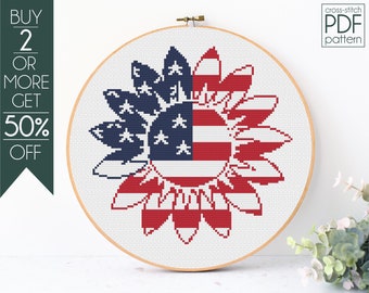 4th of July Cross Stitch Pattern PDF, American Flag, Patriotic, Sunflower, USA, Modern Cross Stitch, Embroidery Pattern, Beginner