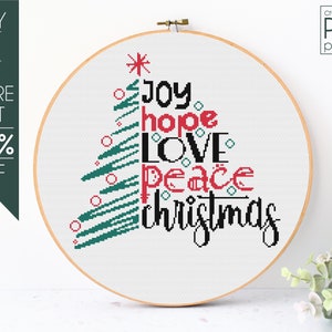 Weihnachtsbaum Kreuzstich Muster PDF, Moderner Kreuzstich, Freude, Hoffnung, Liebe, Frieden, Weihnachtsschmuck, Stickmuster für Anfänger