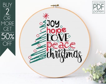 Christmas Tree Cross Stitch Pattern PDF, Modern Cross Stitch, Joy, Hope, Love, Peace, Christmas Ornaments, Embroidery Pattern, Beginner