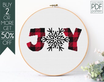 Patrón de punto de cruz Joy (PDF), patrón de bordado navideño, patrón de Feliz Navidad, patrón de cuadros de búfalo, inspirador, invierno