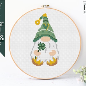 St Patricks Day Cross Stitch Pattern PDF, Shamrock Cross Stitch, Gnome Embroidery Pattern, Lucky, Happy St Patricks Day, Beginner