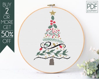 Patrón de punto de cruz de árbol de Navidad en PDF, Punto de cruz moderno, Invierno, Feliz Navidad, Adornos navideños, Patrón de bordado, Principiante