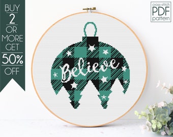Christmas Ornament Cross Stitch Pattern PDF, Christmas Tree Cross Stitch, Believe, Buffalo Plaid, Winter, Embroidery Pattern, Beginner