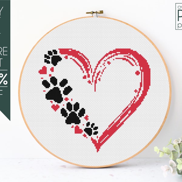 Paw Heart Cross Stitch Pattern PDF, Paw Cross Stitch, Valentines Day, Heart,Dog Paw, Dog Mom, Cat Paw, Cat Mom, Embroidery Pattern, Beginner