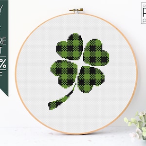 Clover Cross Stitch Pattern PDF, St Patricks Shamrock, Buffalo Plaid, Modern Counted Cross Stitch, Flower Embroidery Design, Lucky, Beginner