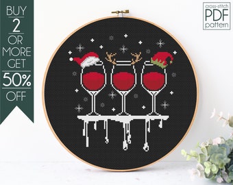 Christmas Wine Glass Cross Stitch Pattern PDF, Christmas Cross Stitch, Santa Squad, Wine Lover, Christmas Crew, Embroidery Pattern, Beginner
