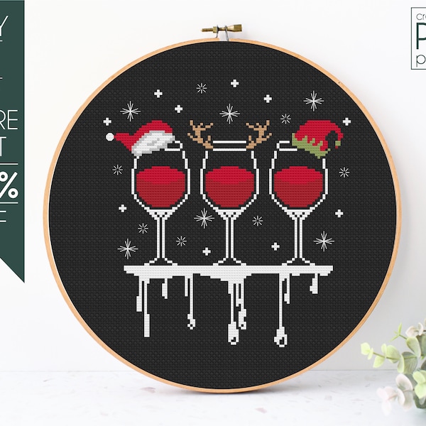 Christmas Wine Glass Cross Stitch Pattern PDF, Christmas Cross Stitch, Santa Squad, Wine Lover, Christmas Crew, Embroidery Pattern, Beginner