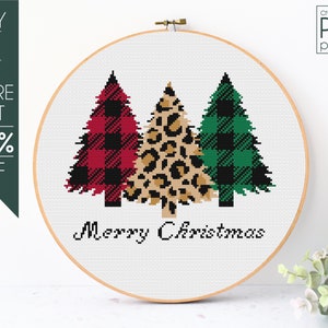 Christmas Tree Triple Cross Stitch Pattern PDF, Pine Tree Cross Stitch, Buffalo Plaid, Leopard Tree, Merry Christmas Pdf,Embroidery Pattern