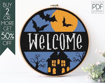 Bienvenido Halloween Patrón Punto de Cruz PDF, Patrón de bordado redondo de Halloween, Feliz Halloween, Miedo, Puerta de bienvenida de Halloween
