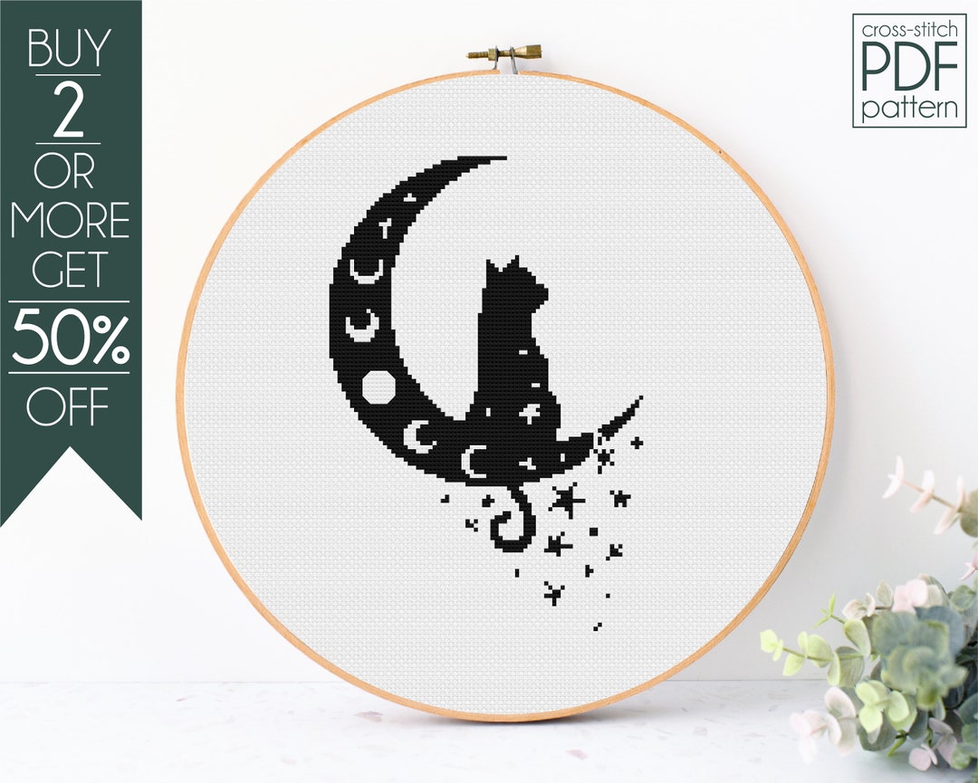 Cat and Moon Cross Stitch Pattern PDF, Black Cat Embroidery Pattern ...