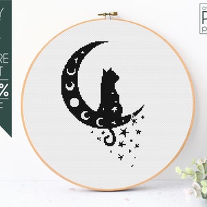 猫と月のクロスステッチパターン PDF、黒猫の刺繍パターン、猫のクロスステッチ、ゴシックパターン、ハロウィン、ボヘミアン、神秘的、魔女