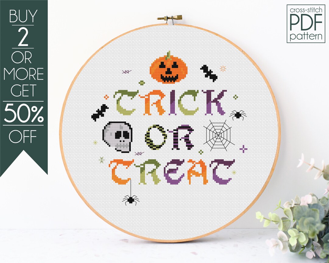 Trick or Treat Cross Stitch Pattern PDF, Spooky Cross Stitch, Skull ...