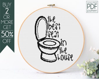 El mejor asiento de la casa Patrón de punto de cruz PDF, Patrón de bordado de arte de pared, Decoración del baño, Cita, Baño divertido, Hogar