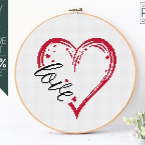Love Cross Stitch Pattern PDF, Love Heart Cross Stitch, Valentines Day, Valentine Sayings, Embroidery Pattern, Beginner