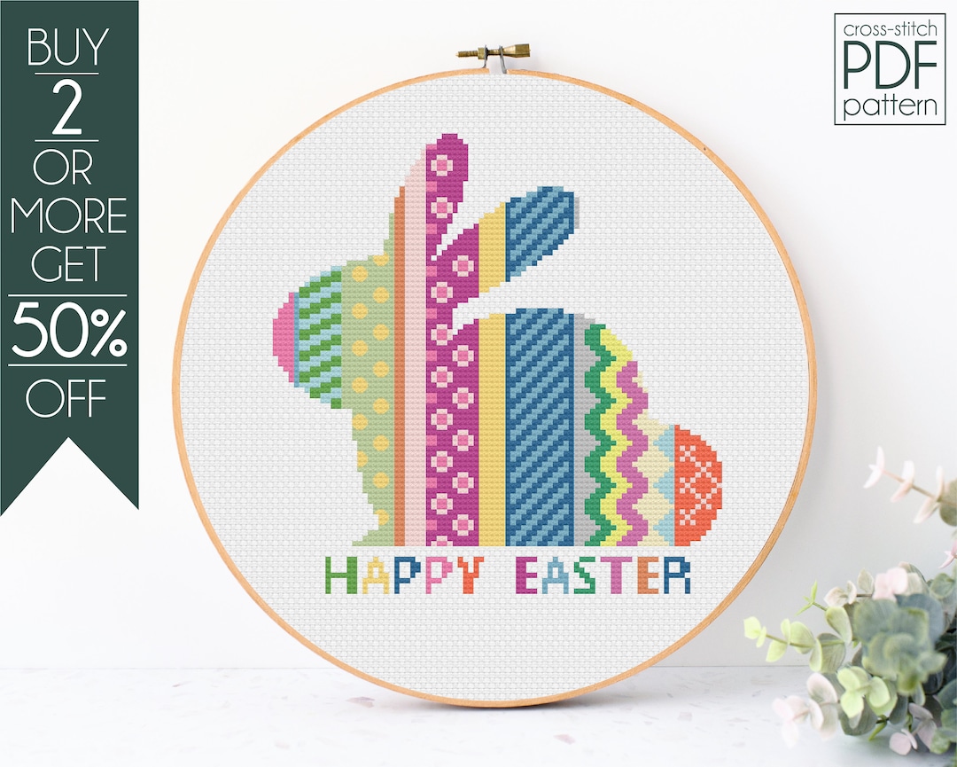Easter Bunny Cross Stitch Pattern PDF, Spring Embroidery Pattern, Happy ...