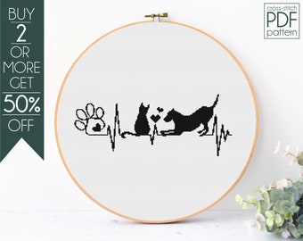 Patrón de punto de cruz de latido de perro y gato en PDF, patrón de bordado de pata, corazón, pata de perro, mamá perro, pata de gato, mamá gata, latido, amor