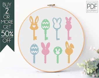 Patrón Punto de Cruz Llaves de Pascua PDF, Patrón de Bordado Primavera, Felices Pascuas, Primavera, Patrón Lindo Conejito, Punto de Cruz Llaves, Hola Primavera