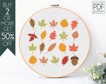 秋の葉のクロスステッチパターン PDF、葉のクロスステッチ、Hello Autumn、葉、秋、感謝祭、秋、刺繍パターン、初心者