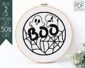 Patrón de punto de cruz redondo de Halloween en PDF, patrón de bordado espeluznante, feliz Halloween, espeluznante, aterrador, telaraña, puerta de bienvenida de Halloween, abucheo