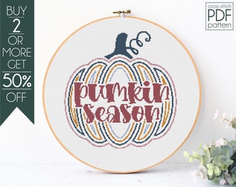 Patrón de punto de cruz de temporada de calabaza PDF, Patrón de bordado de otoño, Patrón de bordado de calabaza, Patrón de calabaza vintage, Otoño retro, Otoño