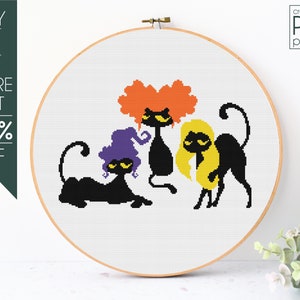 Halloween Sisters Cross Stitch Pattern PDF, Black Cat Embroidery Pattern, Witchy, Cat Mom, Happy Halloween, Funny Halloween, Witch Cats
