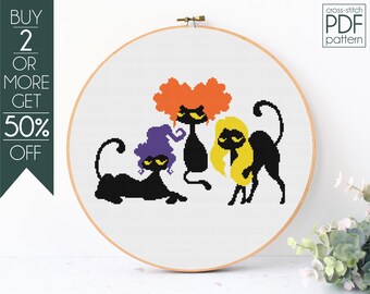 Halloween Sisters Cross Stitch Pattern PDF, Black Cat Embroidery Pattern, Witchy, Cat Mom, Happy Halloween, Funny Halloween, Witch Cats